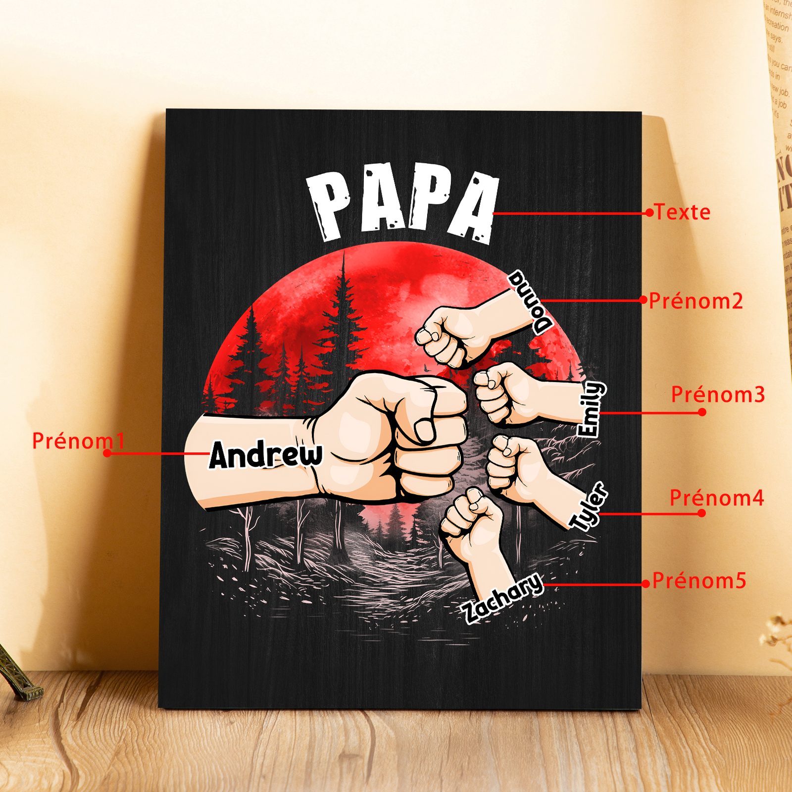 À Mon Papa/Papi-Cadre en Bois Poings 5 Prénoms Personnalisés avec Texte