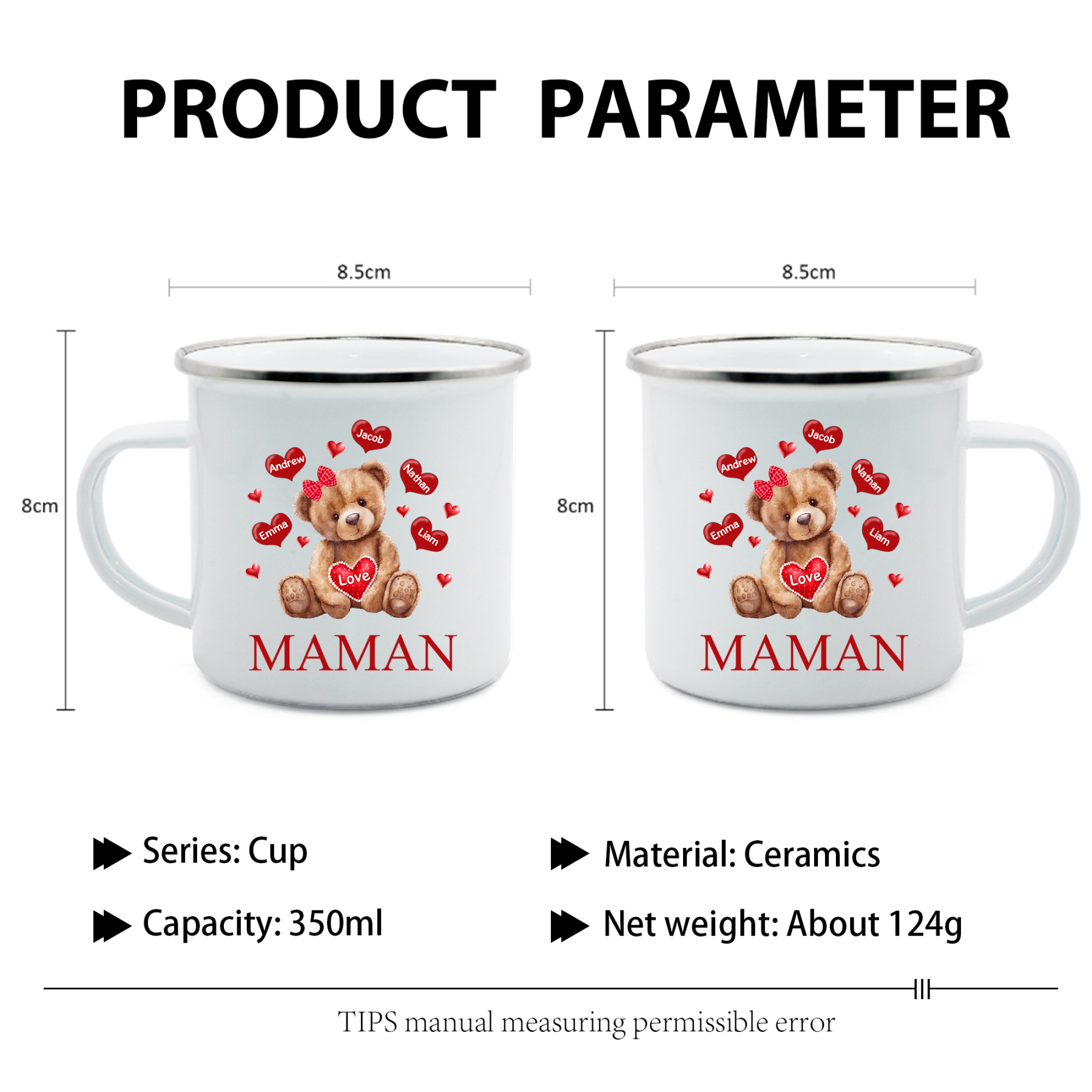 À Maman/Mamie - Tasse émaillée Ours 5 Prénoms Personnalisés