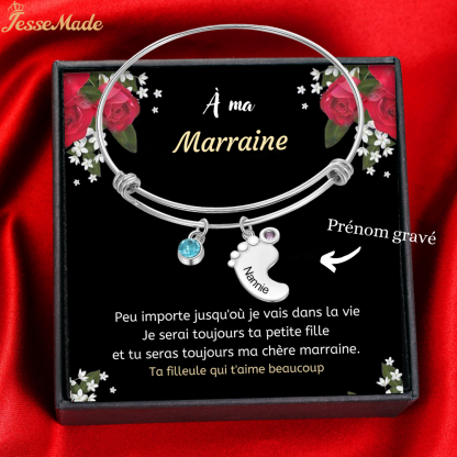 Jessemade FR Bracelet Marraine Jonc Ajustable Avec 1 Breloque Pied 2 Pierre de Naissance-À Ma Marraine