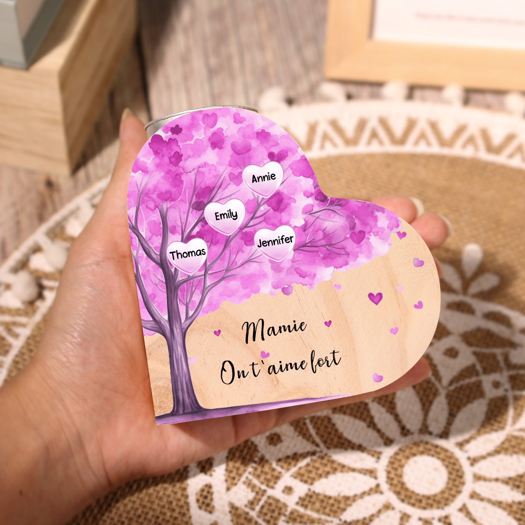 À Ma Maman/Mamie - Bougeoir en Bois Arbre 4 Prénoms et 1 Texte Personnalisés pour Famille sans bougie