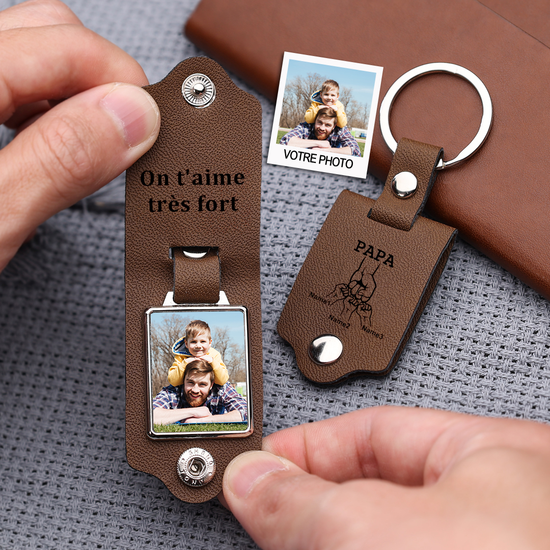 À mon Papa - Porte-Clés Cuir Poings 3 Prénoms Personnalisés avec Photo et Texte