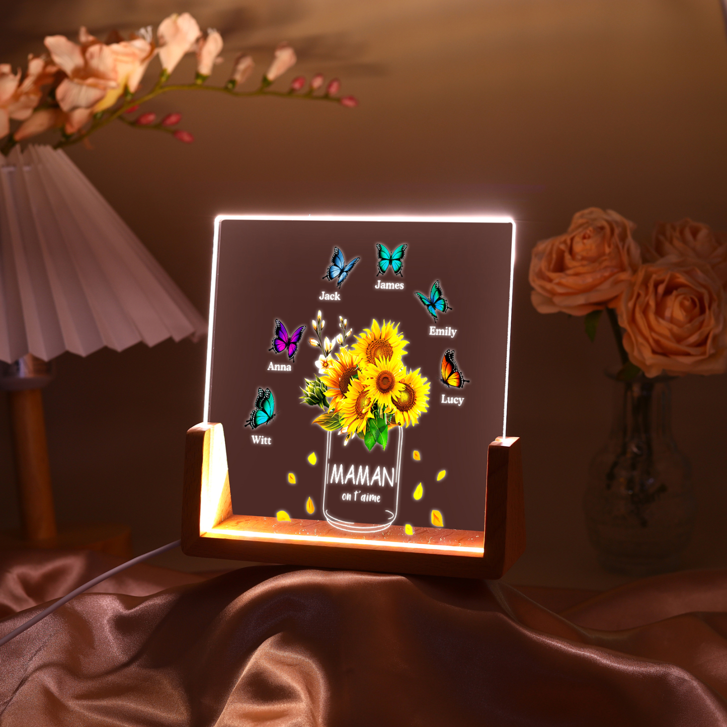 À Maman/Mamie - Lampe de chevet LED Tournesol 6 Prénoms Personnalisés avec 2 Textes pour Famille
