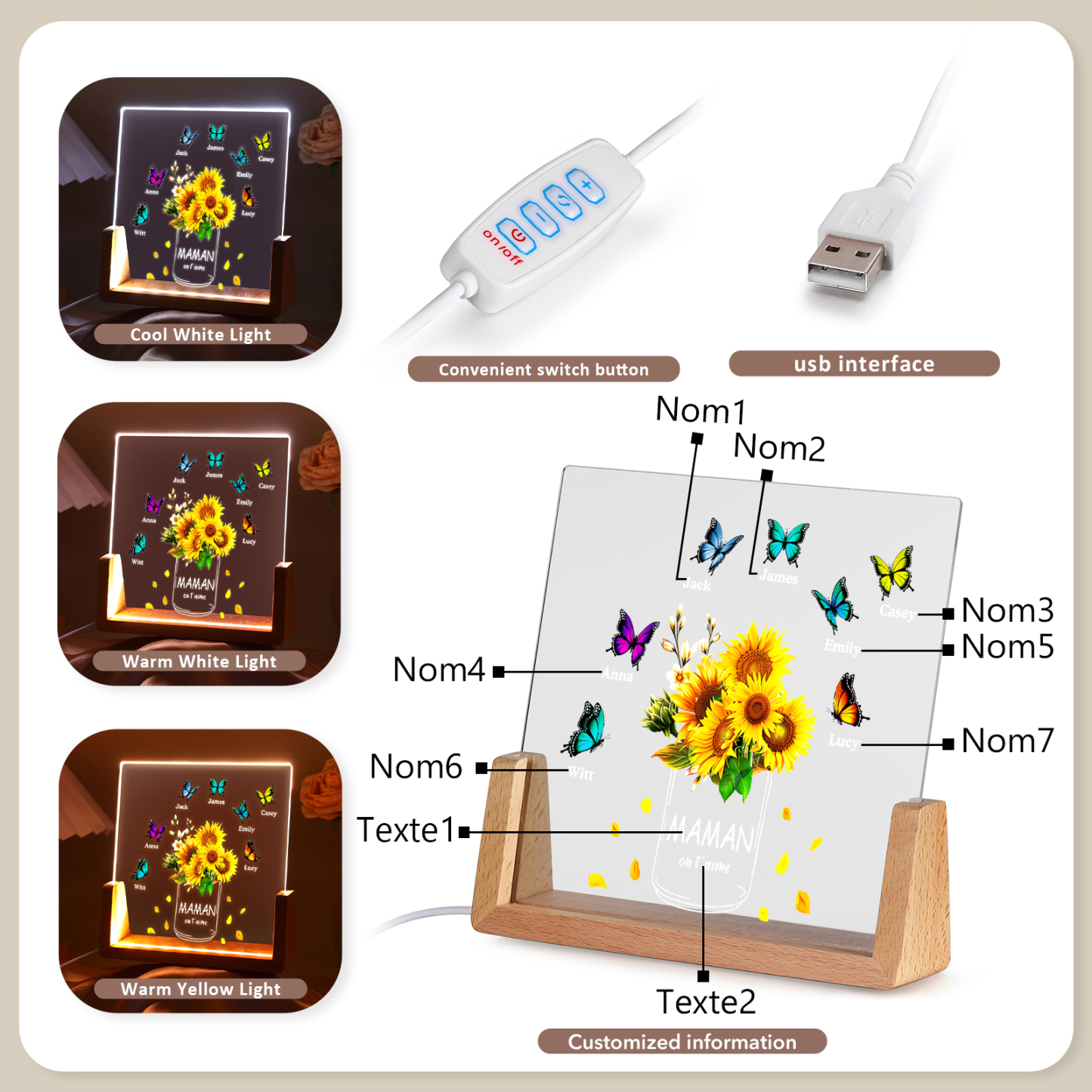 À Maman/Mamie - Lampe de chevet LED Tournesol 7 Prénoms Personnalisés avec 2 Textes pour Famille