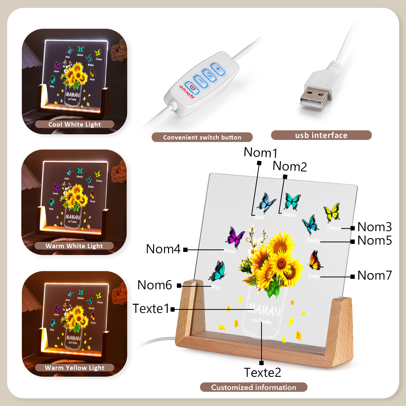 À Maman/Mamie - Lampe de chevet LED Tournesol 7 Prénoms Personnalisés avec 2 Textes pour Famille