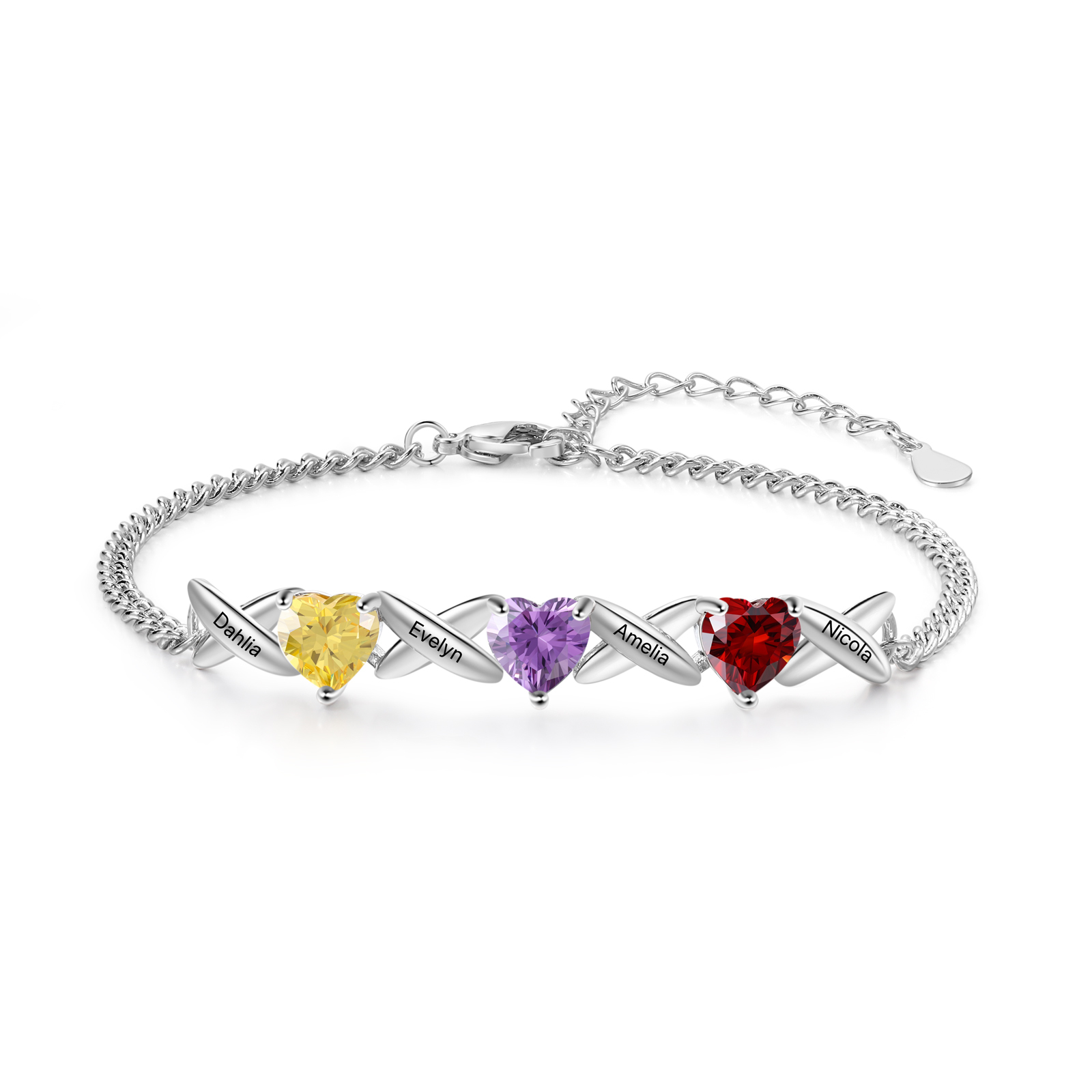 Bracelet Femmes 4 Prénoms Personnalisés avec 3 Pierres de Naissance
