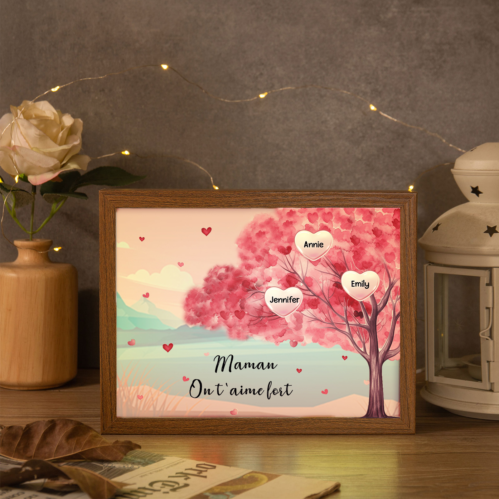 Cadre Photo LED Arbre 3 Prénoms Personnalisés avec 1 Texte Décoration Famille