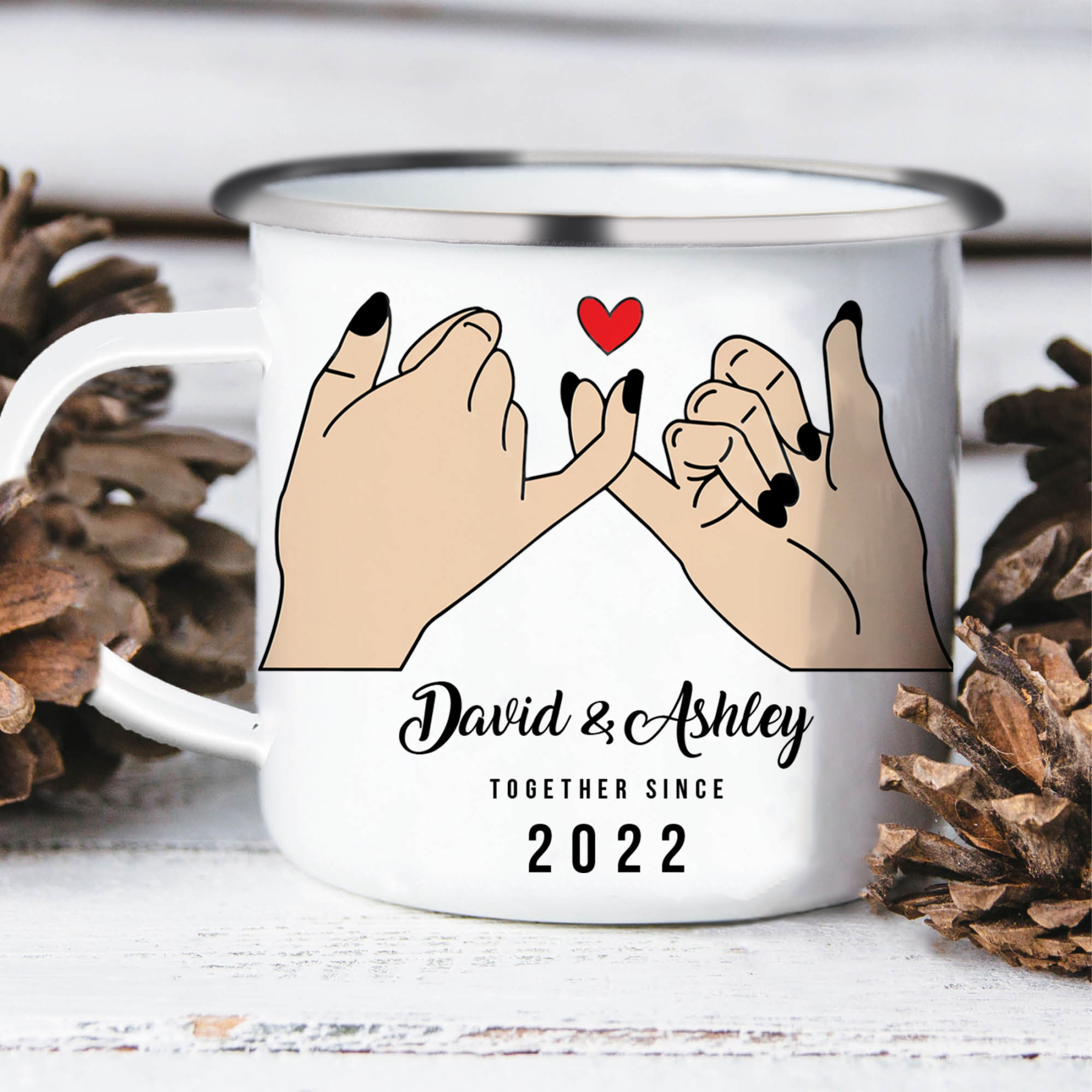 Tasse émaillée 2 Prénoms Personnalisés avec Texte et Année pour Couple promesse du petit doigt