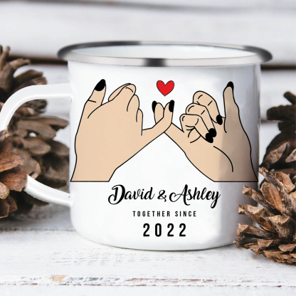 Tasse émaillée 2 Prénoms Personnalisés avec Texte et Année pour Couple promesse du petit doigt