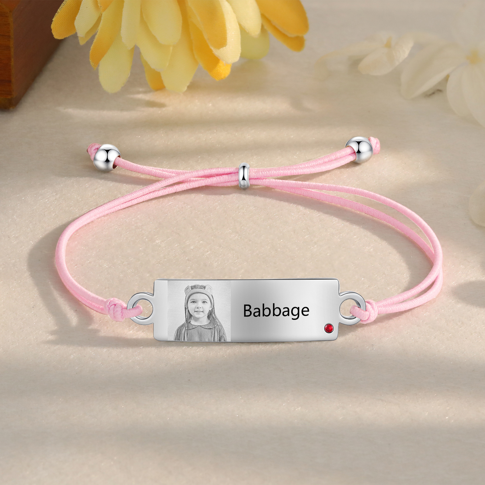 À Ma Fille - Bracelet Prénom et Photo Personnalisés avec Pierre de Naissance Corde élastiques - Cadeau Rentrée Scolaire