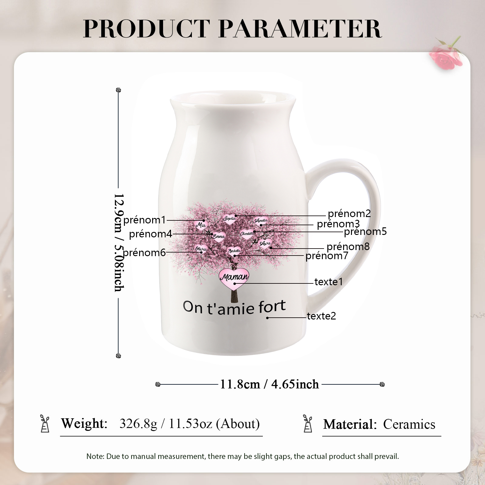 Vase à Fleurs Arbre 8 Prénoms Personnalisés avec 2 Textes Décoration de la Maison