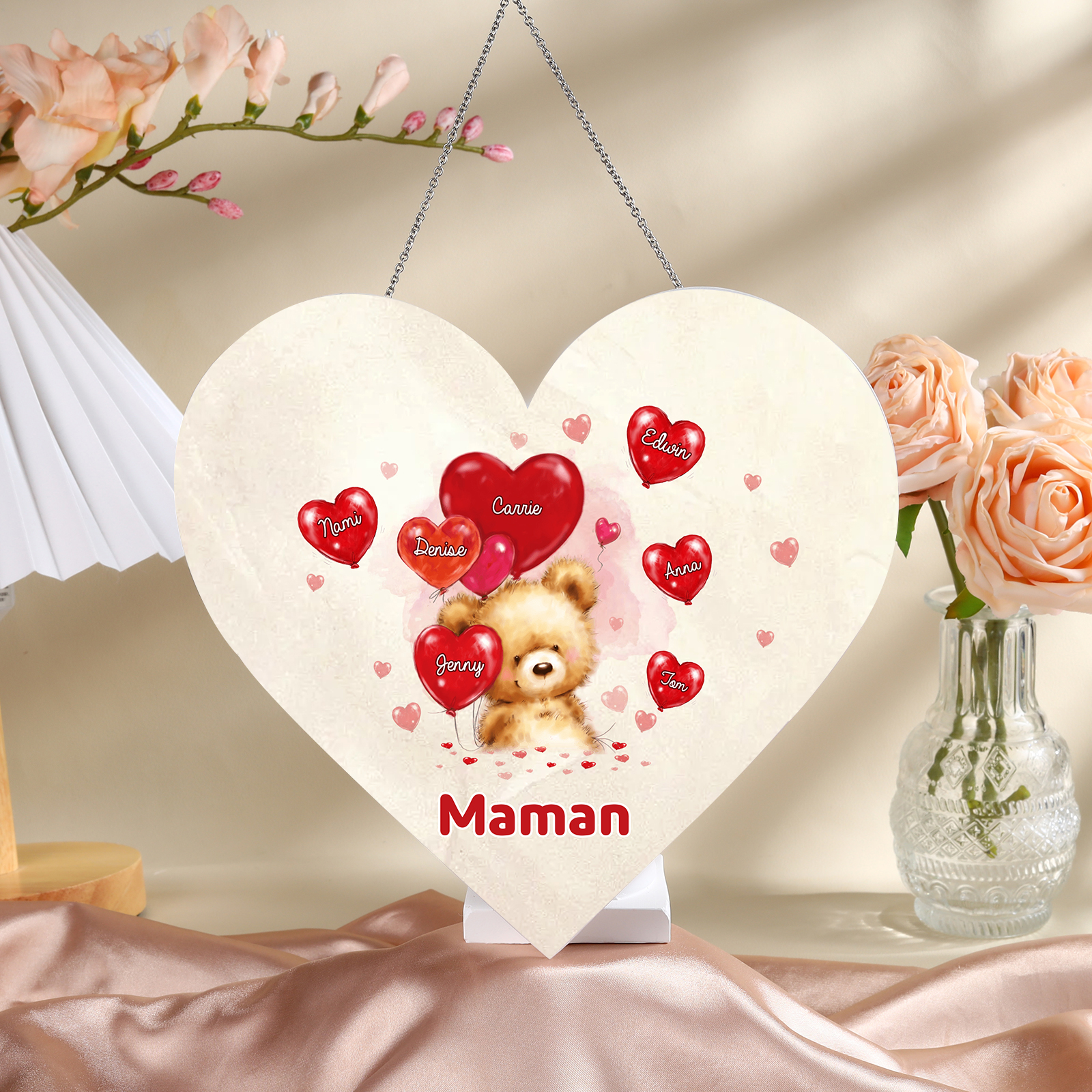 À Maman/Mamie - Veilleuse Cœur Décoration Ours 7 Prénoms Personnalisés avec 1 Texte