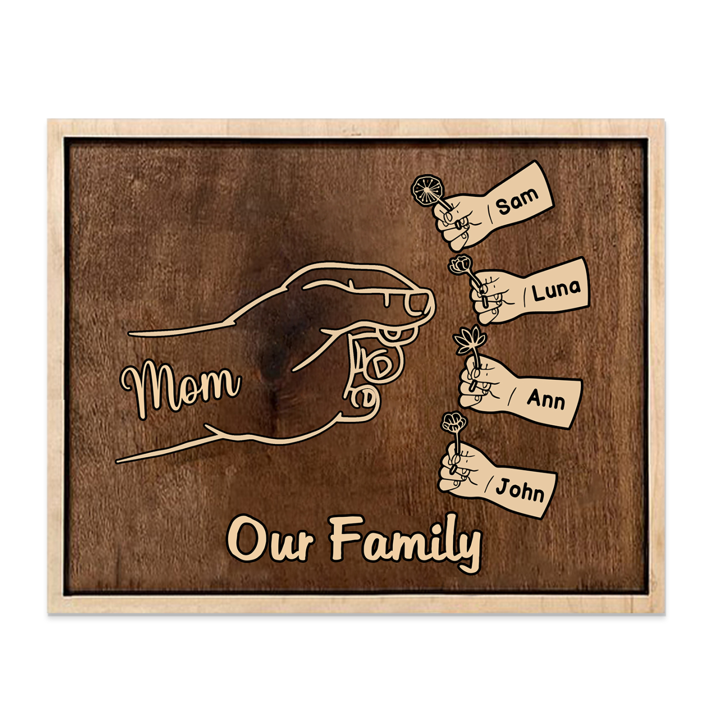 À Maman/Mamie - Cadre en Bois Main et Enfants 5 Prénoms Personnalisés avec Texte Cadeau pour Famille