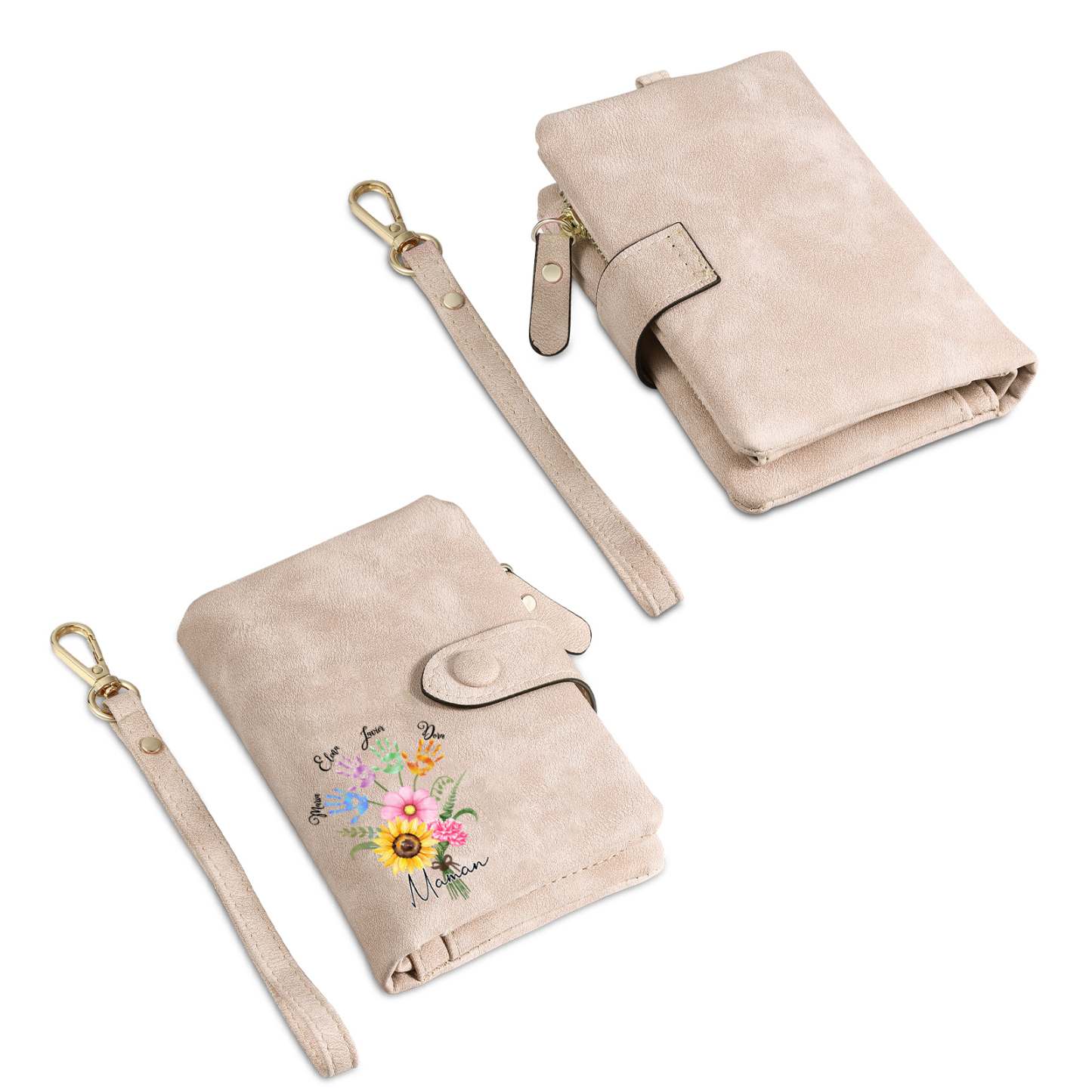 Portefeuille Fleurs 4 Prénoms et 1 Texte Personnalisés Porte-Monnaie Carte pour Femmes