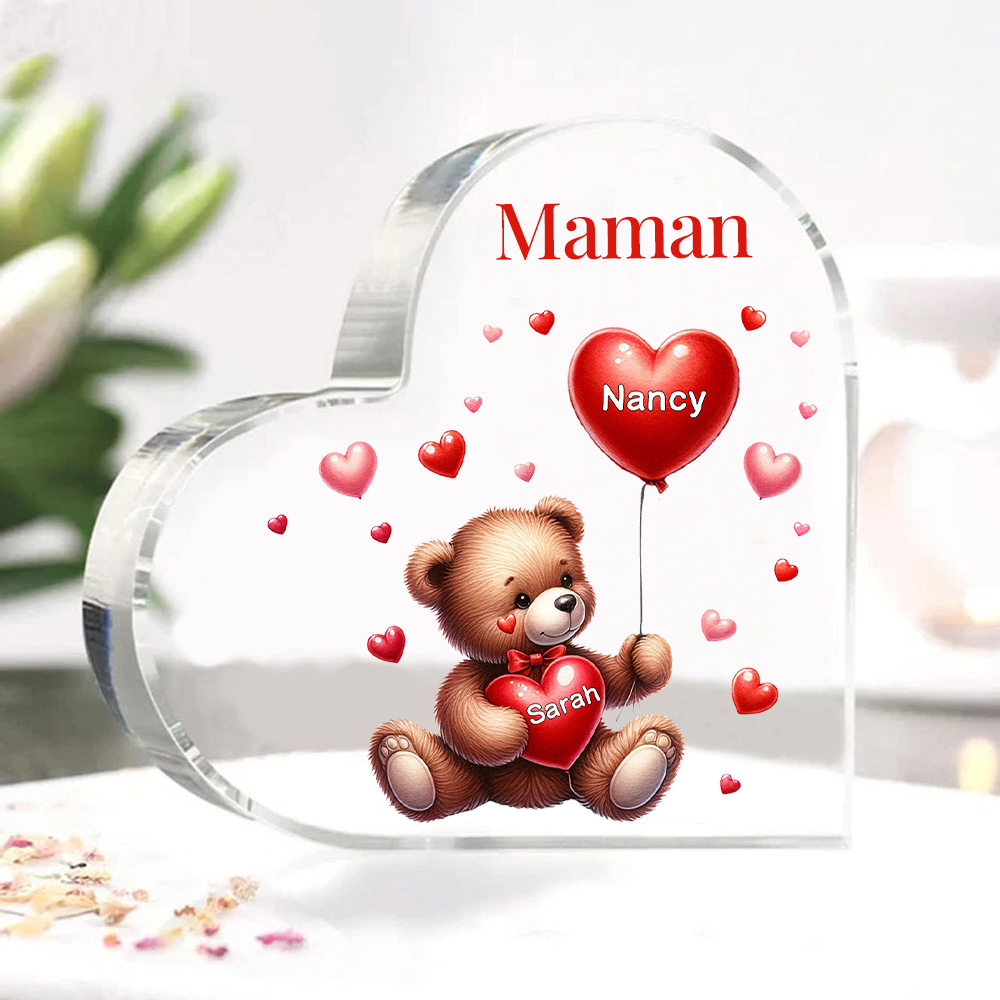 À ma Maman/Mamie - Plaque Acrylique en Forme de Cœur Ours 2 Prénoms Personnalisés avec 1 Texte