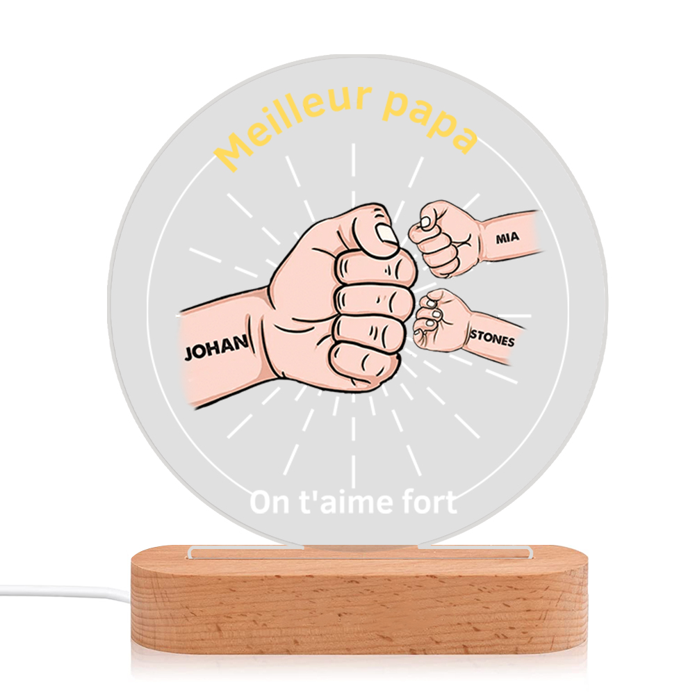 À Papa/Papi - Lampe de chevet LED Lumières Poings 3 Prénoms et 2 Textes Personnalisés pour Famille