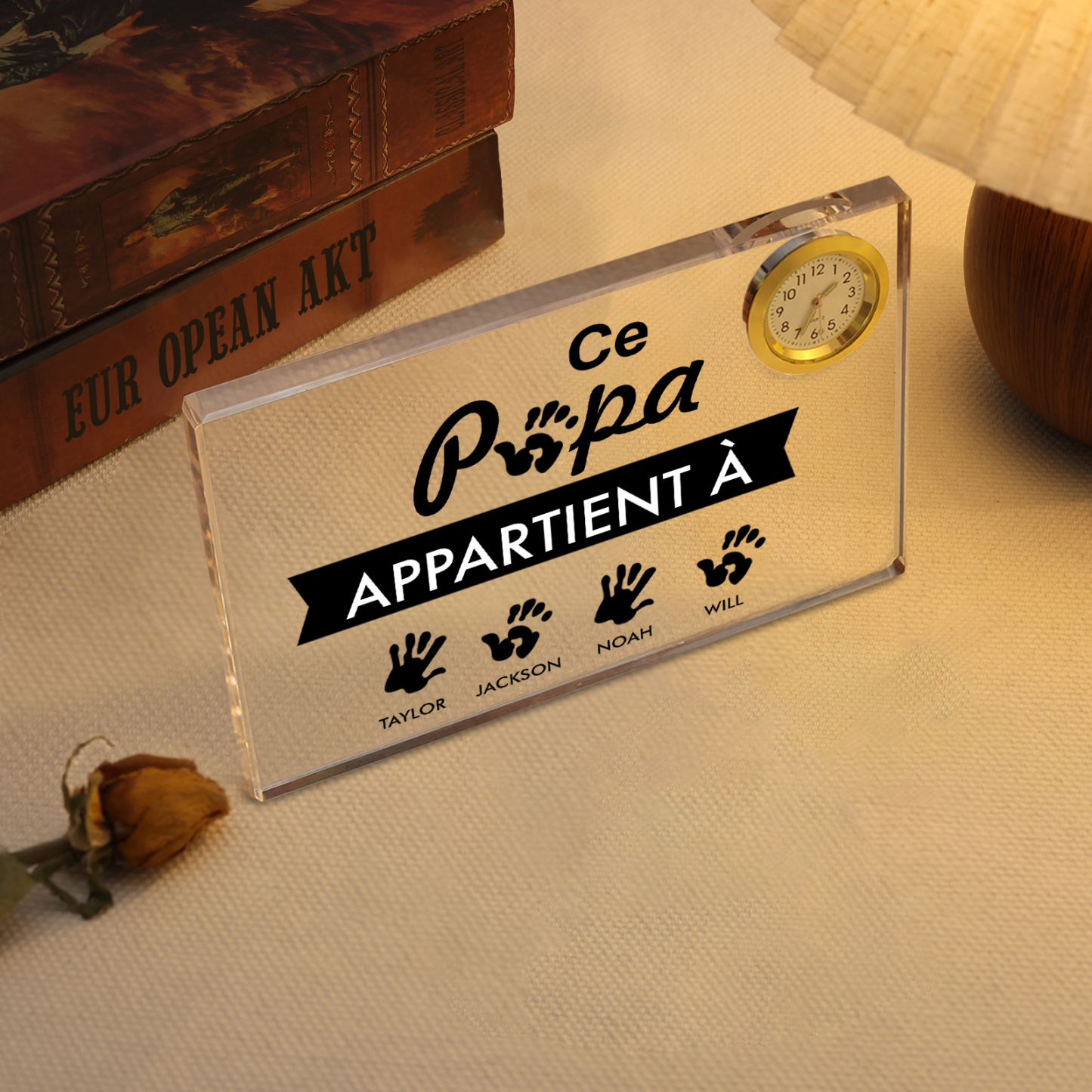 À mon Papa - Plaque Acrylique rectangle avec Horloge Empreinte De Main 4 Prénoms Personnalisés