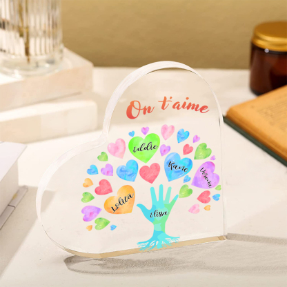 Plaque Acrylique en Forme de Cœur 5 Prénoms Personnalisés avec Texte pour Famille