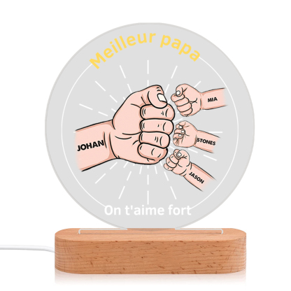 À Papa/Papi - Lampe de chevet LED Lumières Poings 4 Prénoms et 2 Textes Personnalisés pour Famille