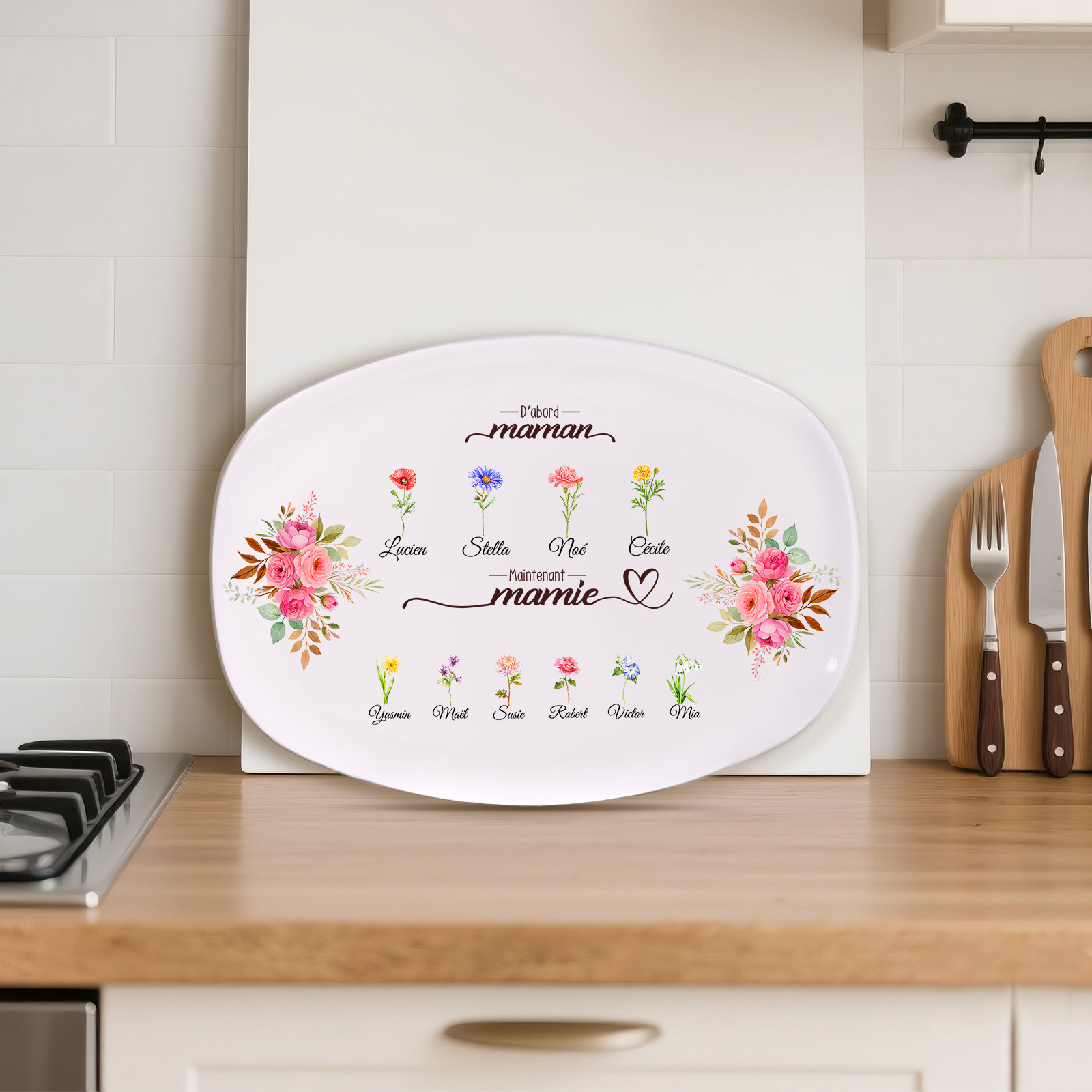 Assiette Ovale  Personnalisée motif fleuri « D'abord maman, maintenant mamie »