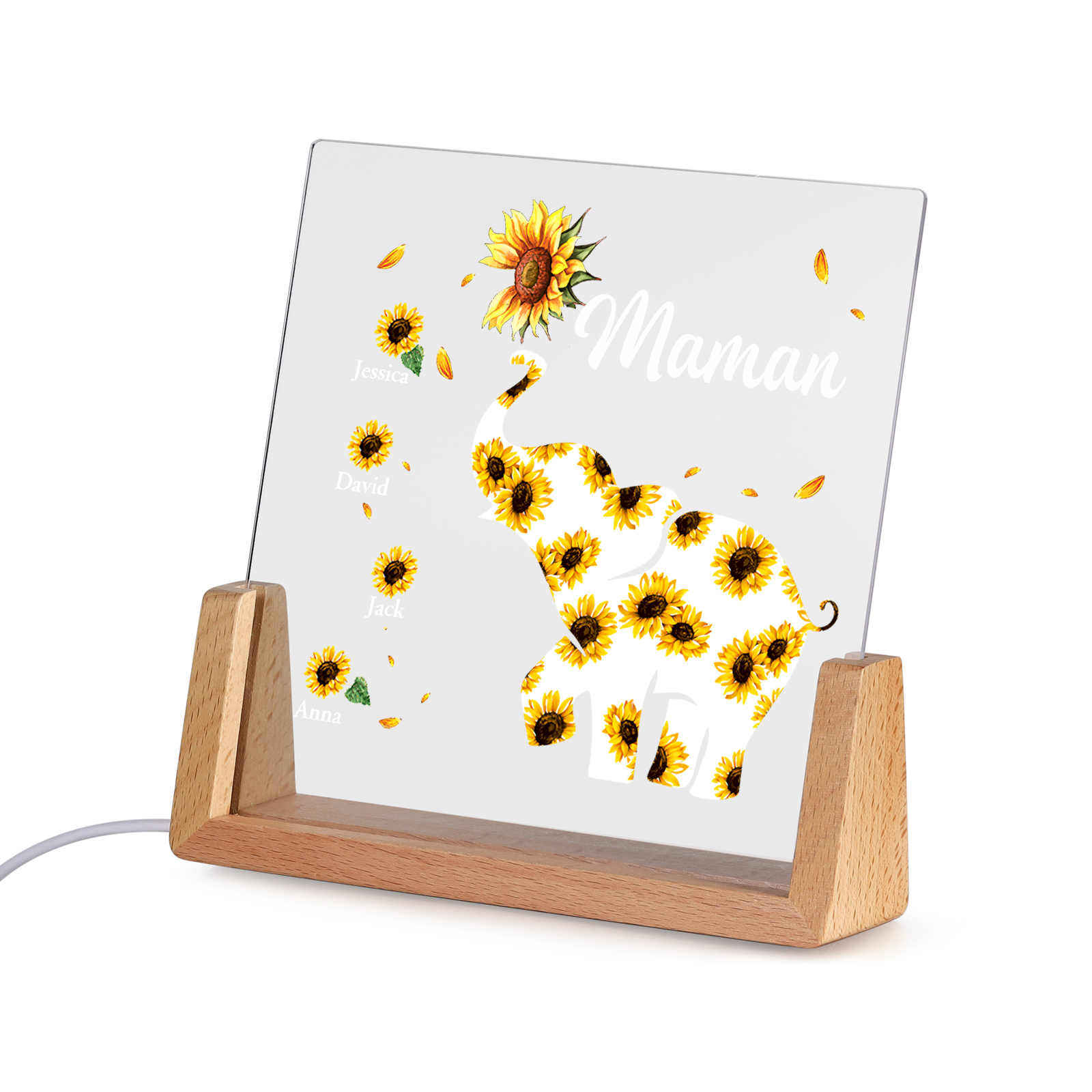 À Maman/Mamie - Lampe de chevet LED Éléphants 4 Prénoms Personnalisés avec Texte