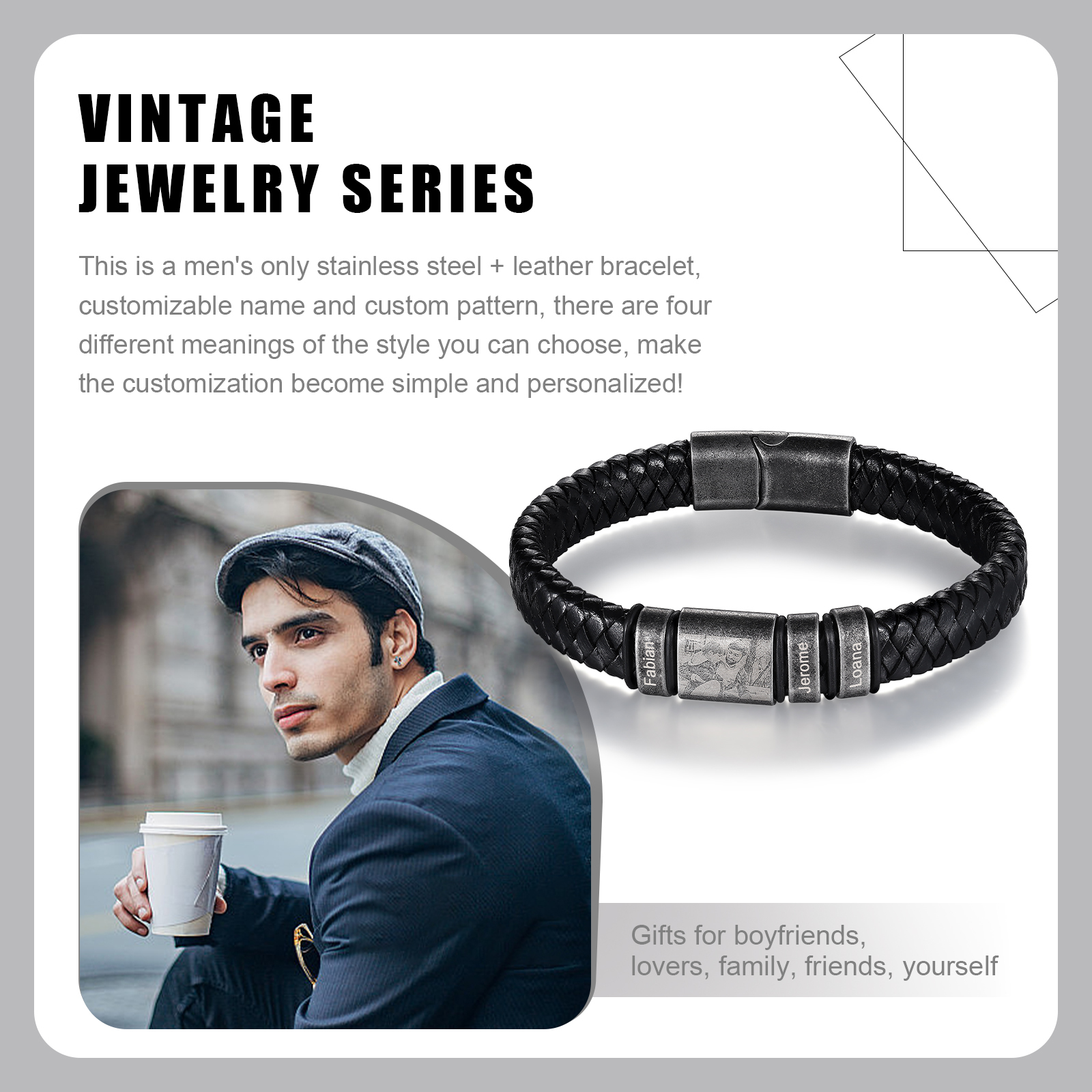 Bracelet Photo Personnalisé avec 3 Prénoms gravés pour Homme｜Jessemade