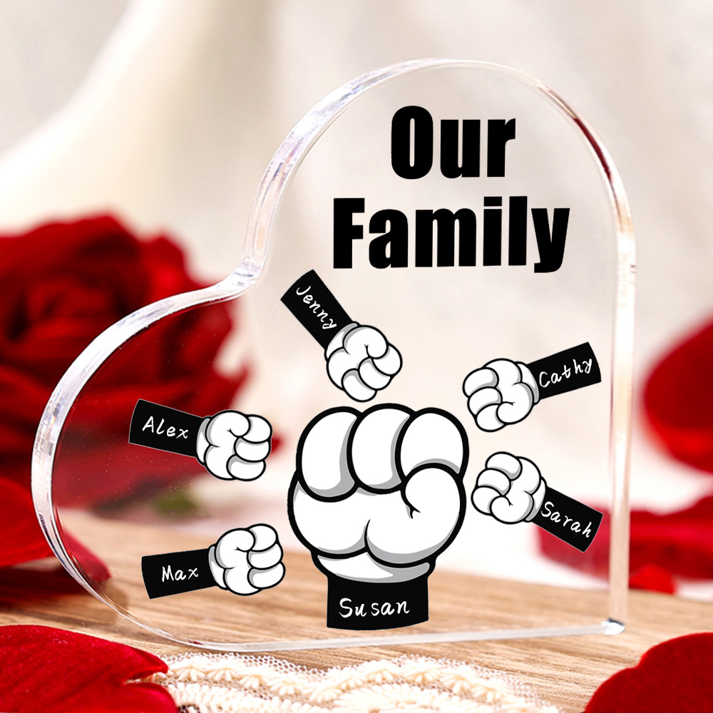 À mon Papa/Maman - Plaque Acrylique en Forme de Cœur Poings 6 Prénoms Personnalisés avec 1 Texte