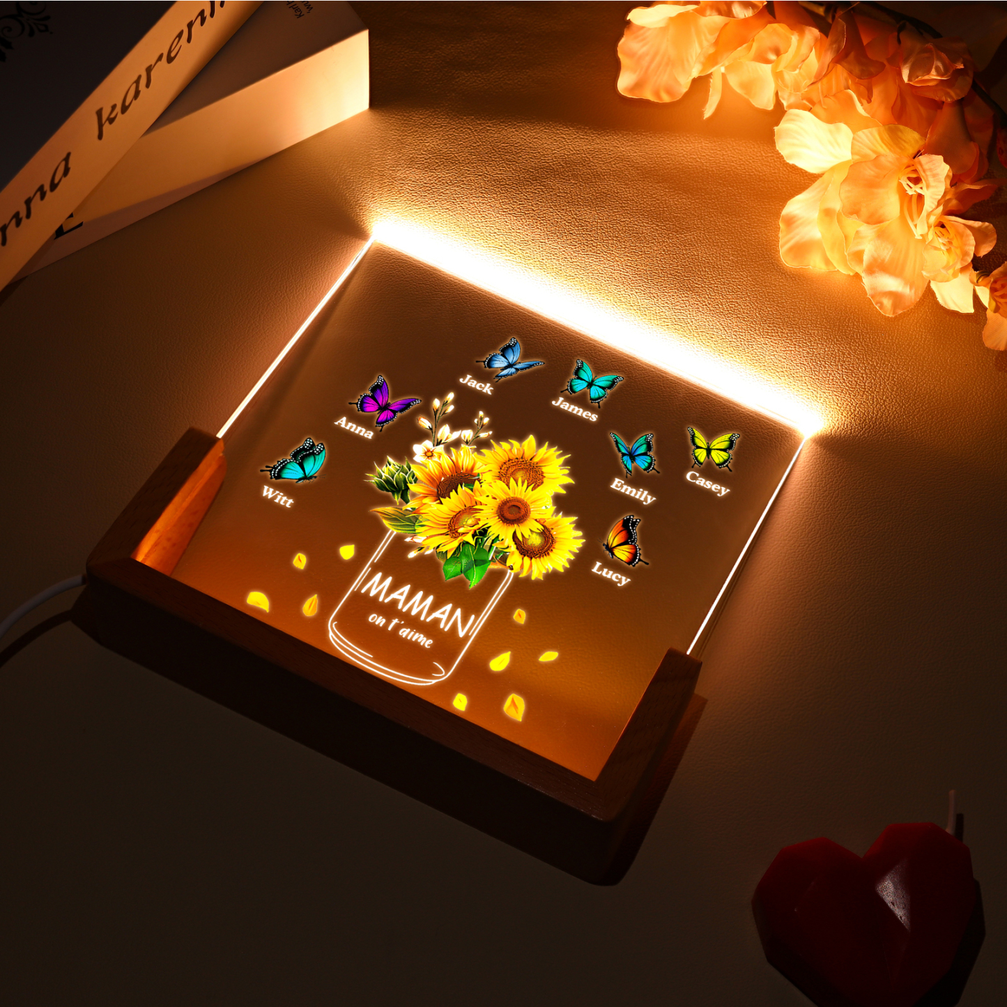 À Maman/Mamie - Lampe de chevet LED Tournesol 7 Prénoms Personnalisés avec 2 Textes pour Famille