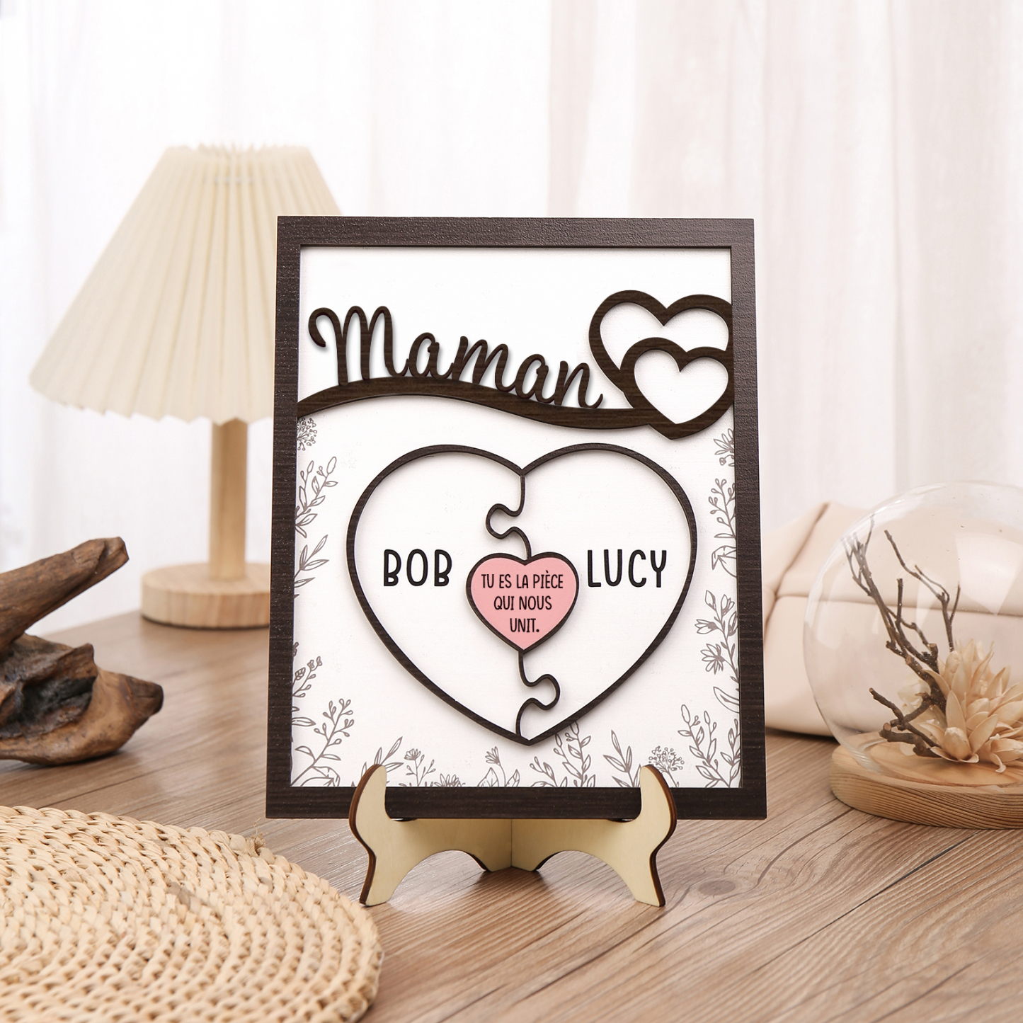 À ma Maman - Décoration en bois Cœur et Puzzle 2 Prénoms Personnalisés Ornement pour Famille