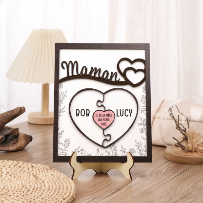 À ma Maman - Décoration en bois Cœur et Puzzle 2 Prénoms Personnalisés Ornement pour Famille