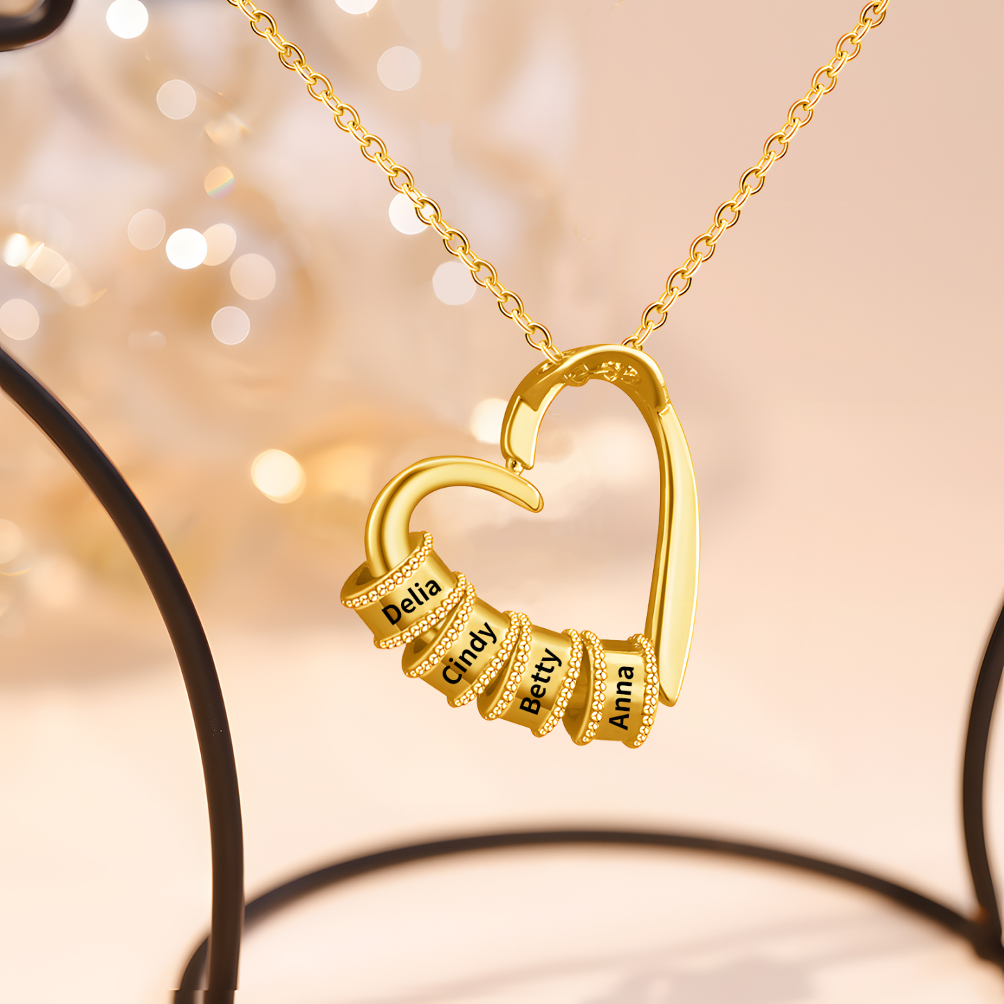 Collier Pendentif Cœur 4 Prénoms et Perles Personnalisés Collier Femmes