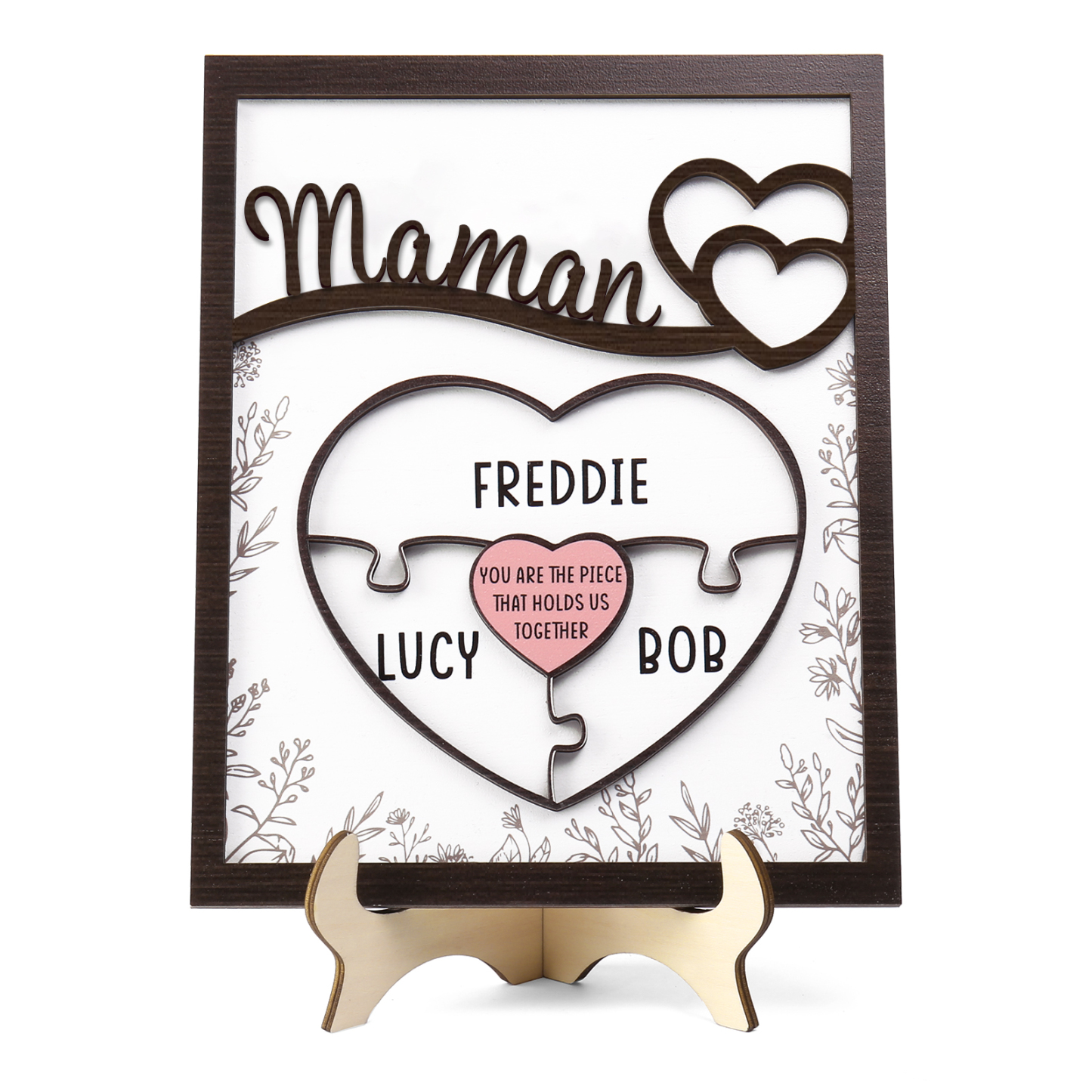 À ma Maman - Décoration en bois Cœur et Puzzle 3 Prénoms Personnalisés Ornement pour Famille