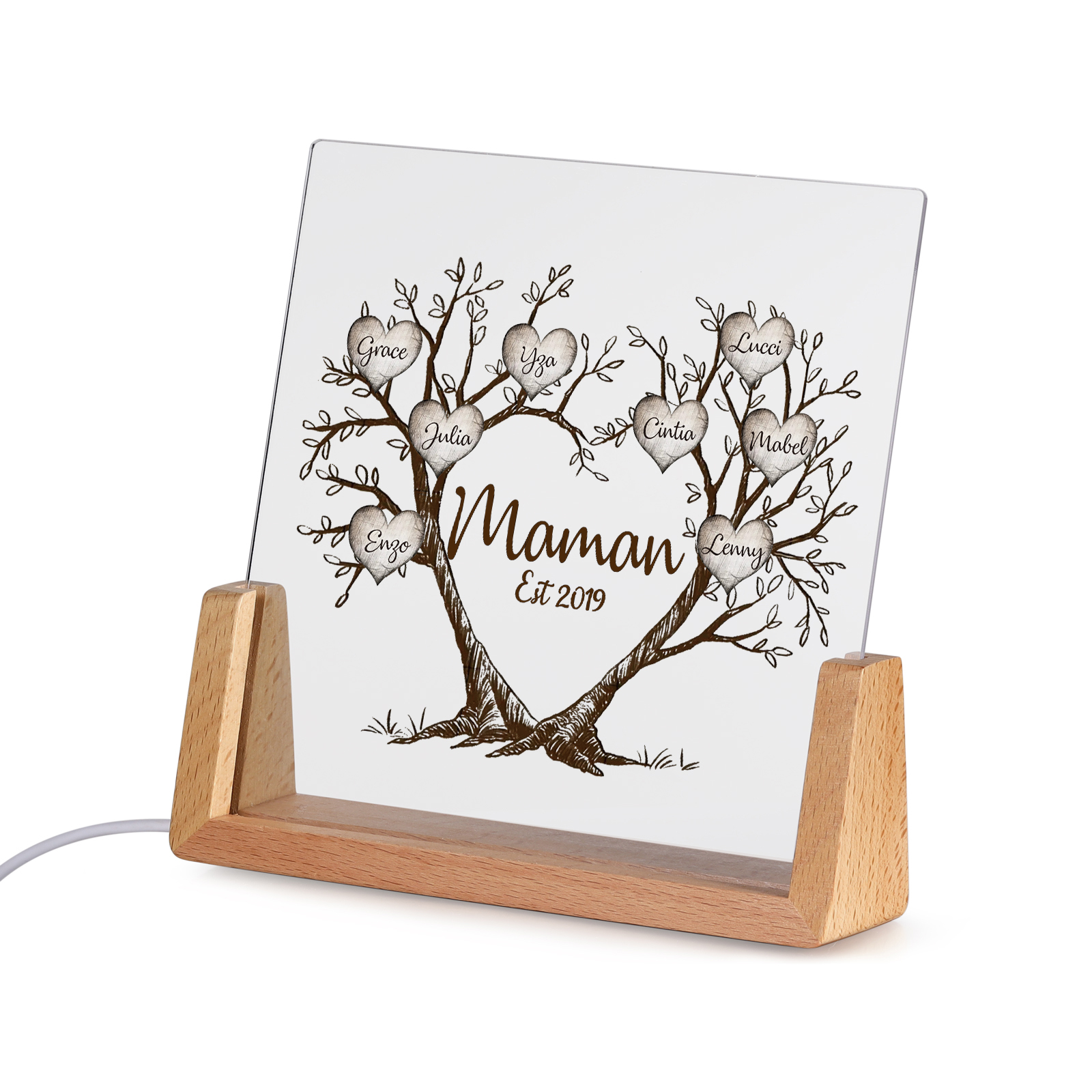À Maman/Mamie - Lampe de chevet LED Arbre de Vie 8 Prénoms Personnalisés avec Texte et Date pour Famille