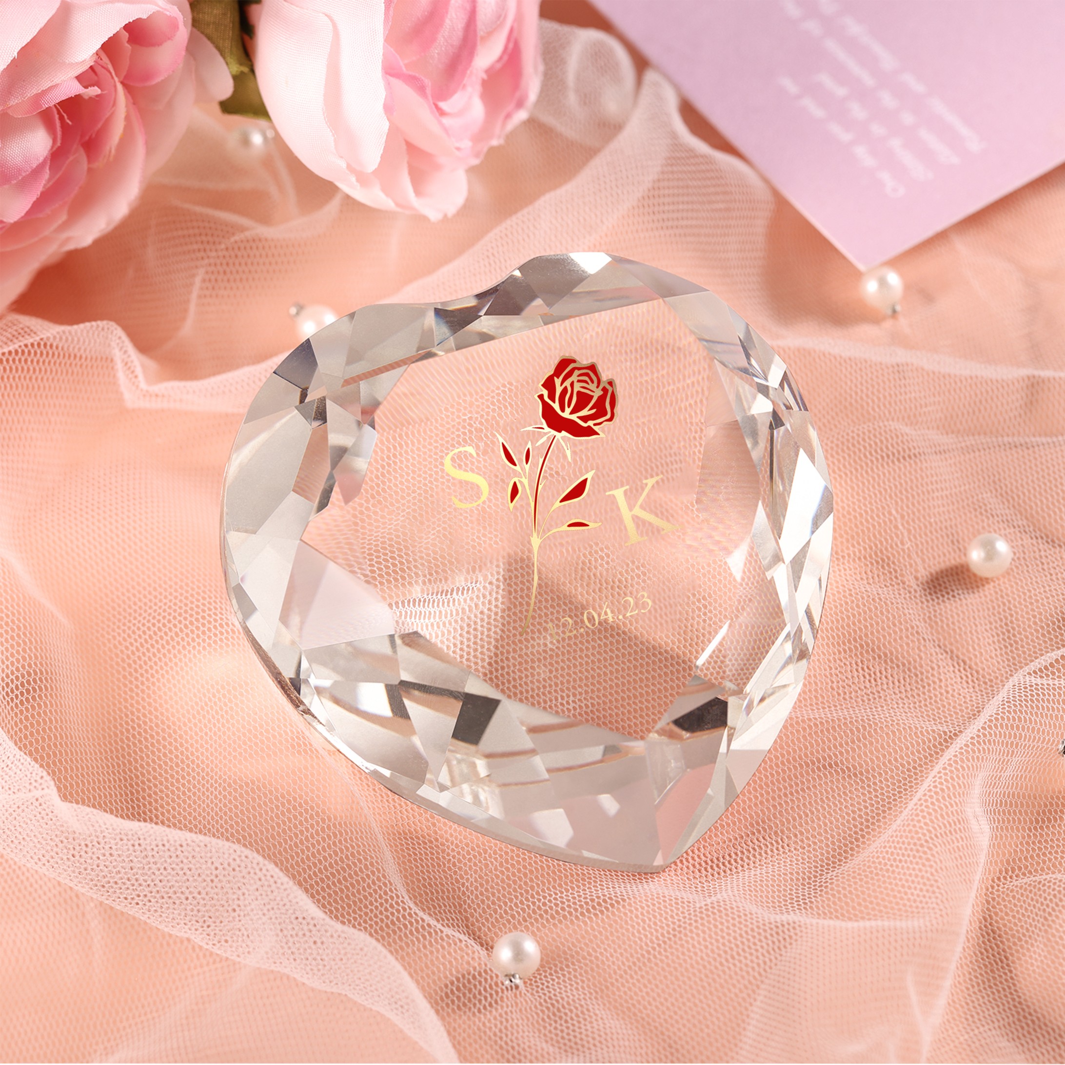 Décoration Cristal Cœur 2 Lettres Personnalisées avec Date pour Couple