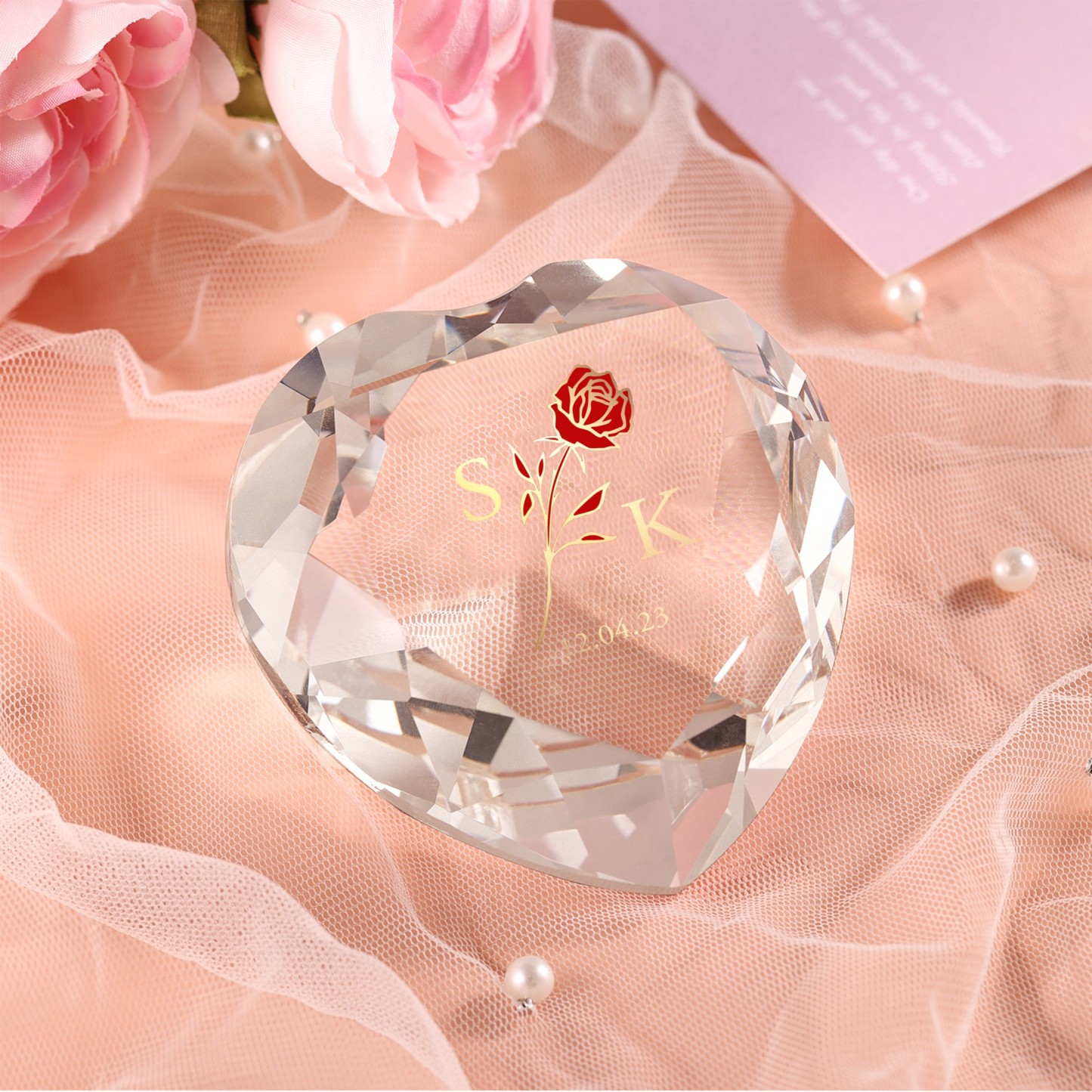 Décoration Cristal Cœur 2 Lettres Personnalisées avec Date pour Couple