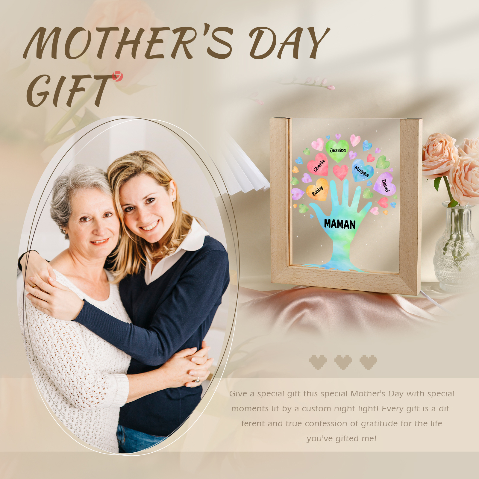 À Maman/Mamie - Lampe de chevet LED Main et Cœur 5 Prénoms Personnalisés avec 1 Texte