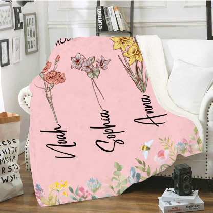À ma Maman - Plaid Personnalisé 3 Prénoms Personnalisés avec Fleurs de Naissance Couverture le jardin de Maman en Flanelle Blanc ou Rose | Jessemade