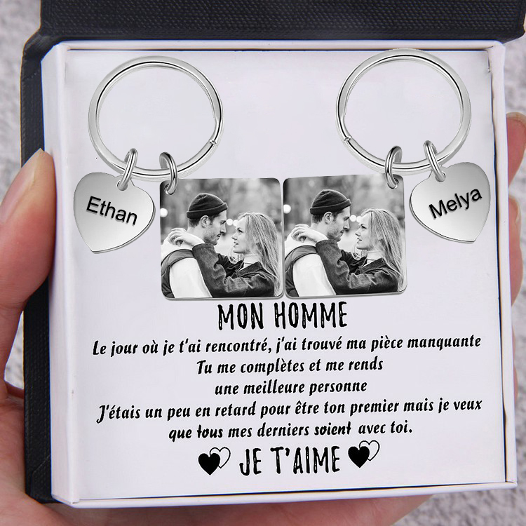 À mon Homme - Porte-Clés Cœur 2 Prénoms Personnalisés avec photo pour Couple