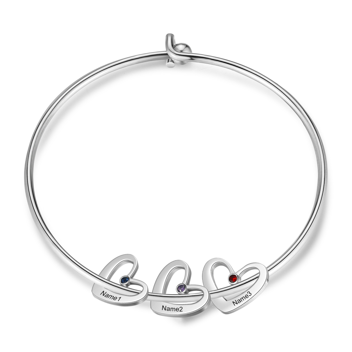 Bracelet jonc 3 prénom Pendentifs Personnalisé Coeur avec 3 Pierre de Naissance