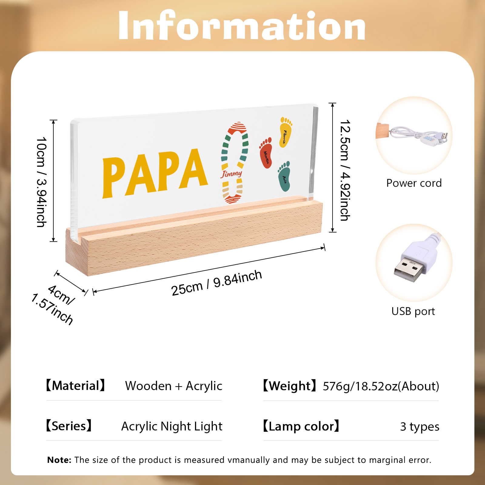 À mon Papa/Papi- Lampe de chevet LED Pieds Bébé 4 Prénoms Personnalisés avec Texte