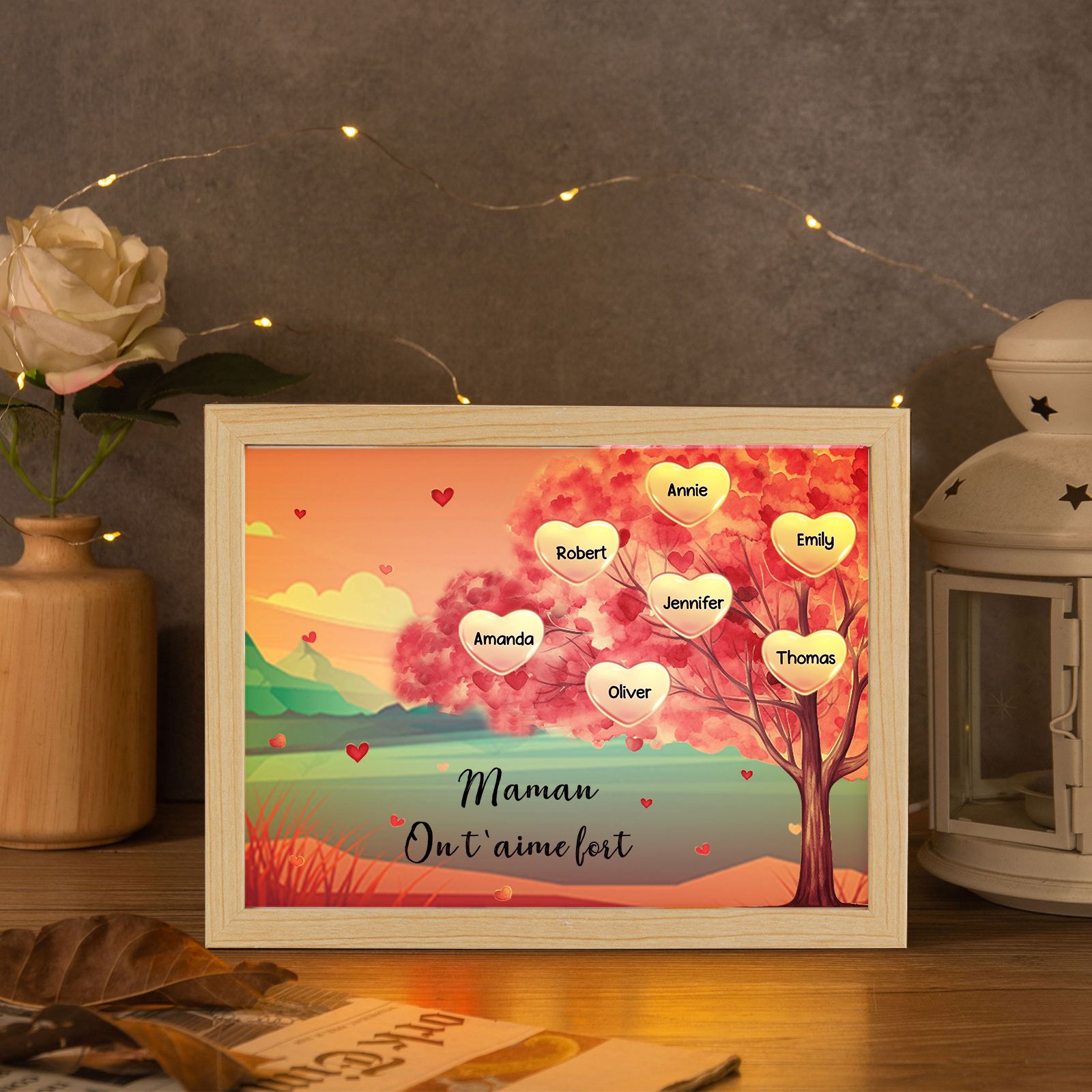 Cadre Photo LED Arbre 7 Prénoms Personnalisés avec 1 Texte Décoration Famille