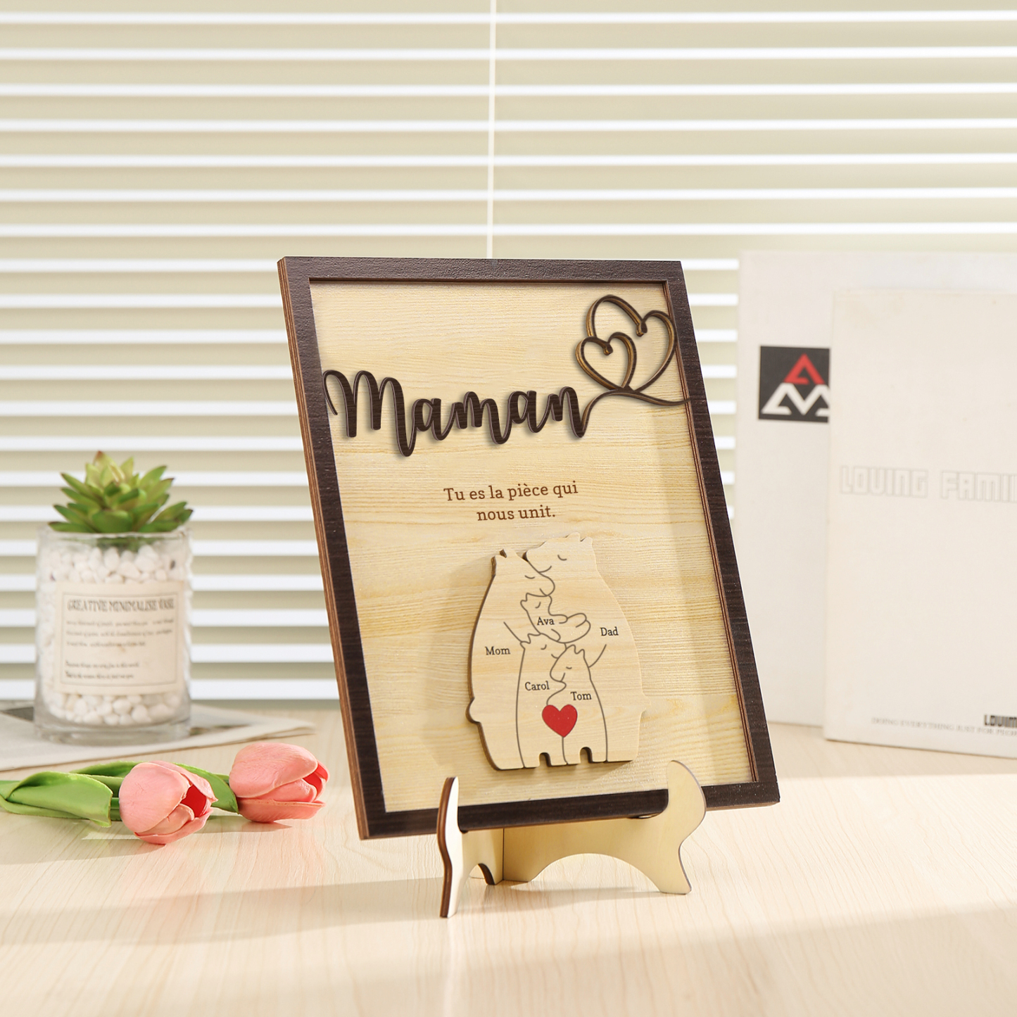 À ma Maman - Décoration en bois Ours 5 Prénoms Personnalisés Ornement pour Famille