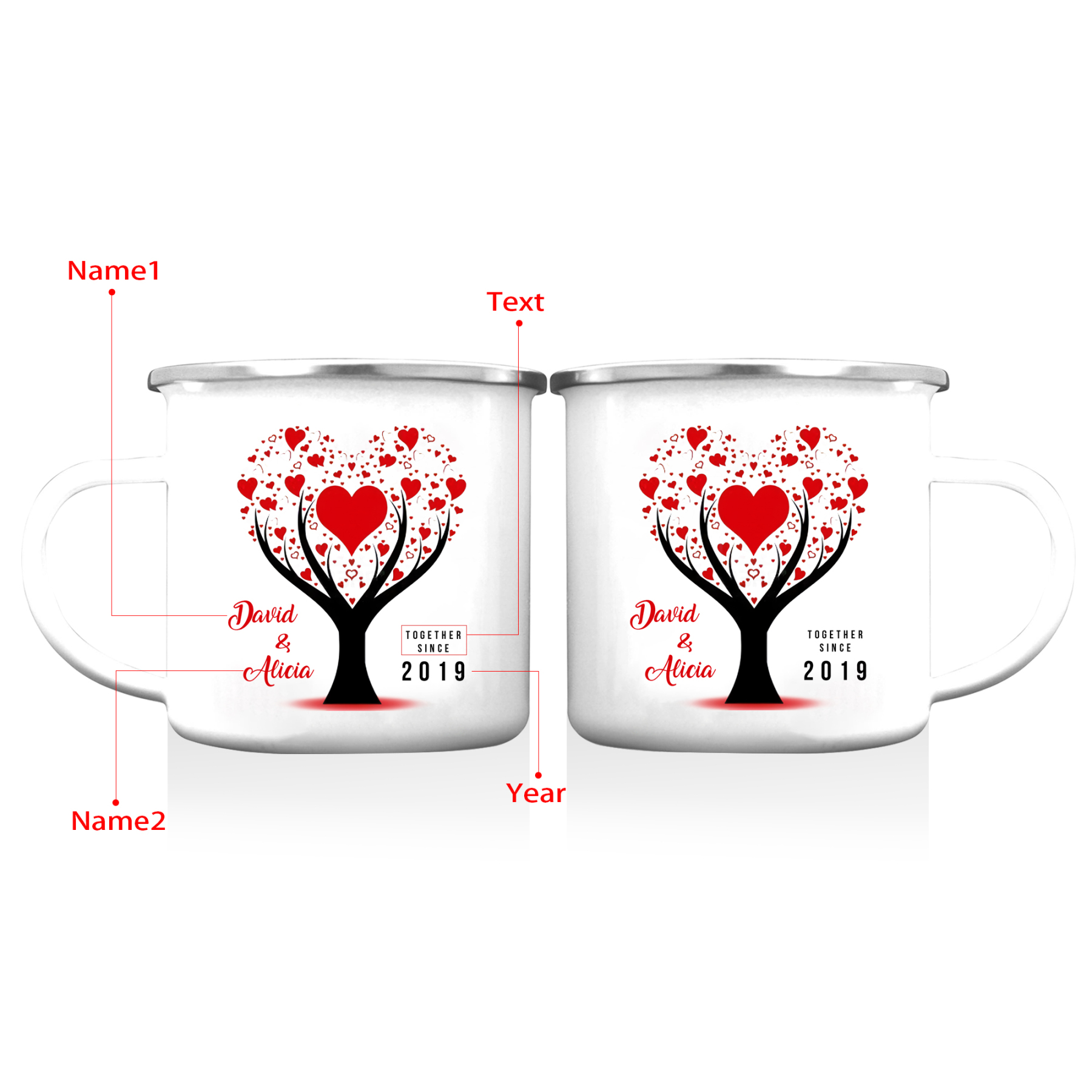 Tasse émaillée 2 Prénoms Personnalisés avec Texte et Année pour Couple