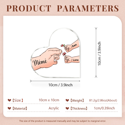 À ma Maman/Mamie - Plaque Acrylique Mains et Enfants en Forme de Cœur 3 Prénoms Personnalisés