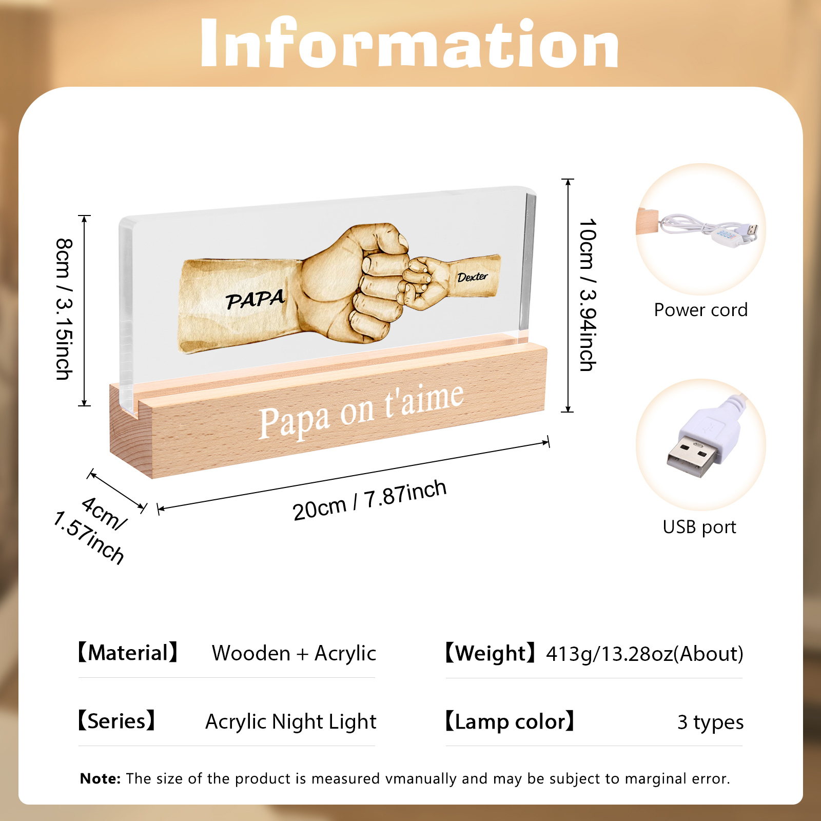 À mon Papa/Papi- Lampe de chevet LED Poings 2 Prénoms Personnalisés avec Texte