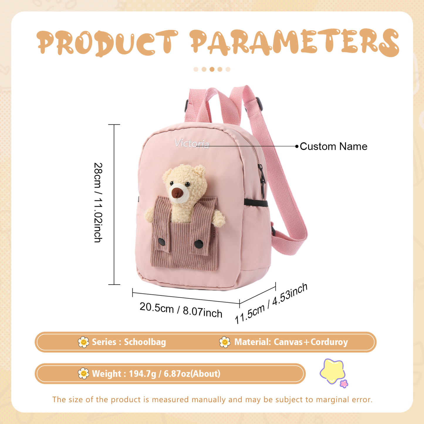 Cartable Sac à Dos Nounours pour Enfant 1 Prénom Personnalisé Sac maternelle