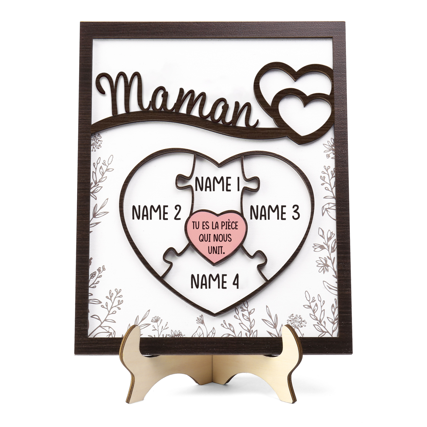 À ma Maman - Décoration en bois Cœur et Puzzle 4 Prénoms Personnalisés Ornement pour Famille