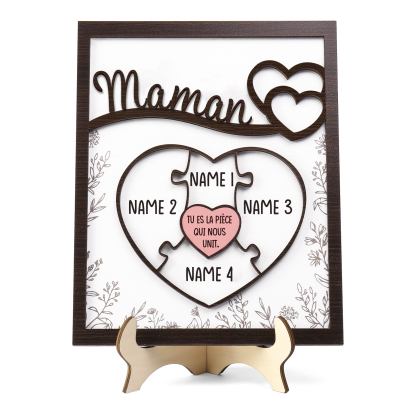 À ma Maman - Décoration en bois Cœur et Puzzle 4 Prénoms Personnalisés Ornement pour Famille