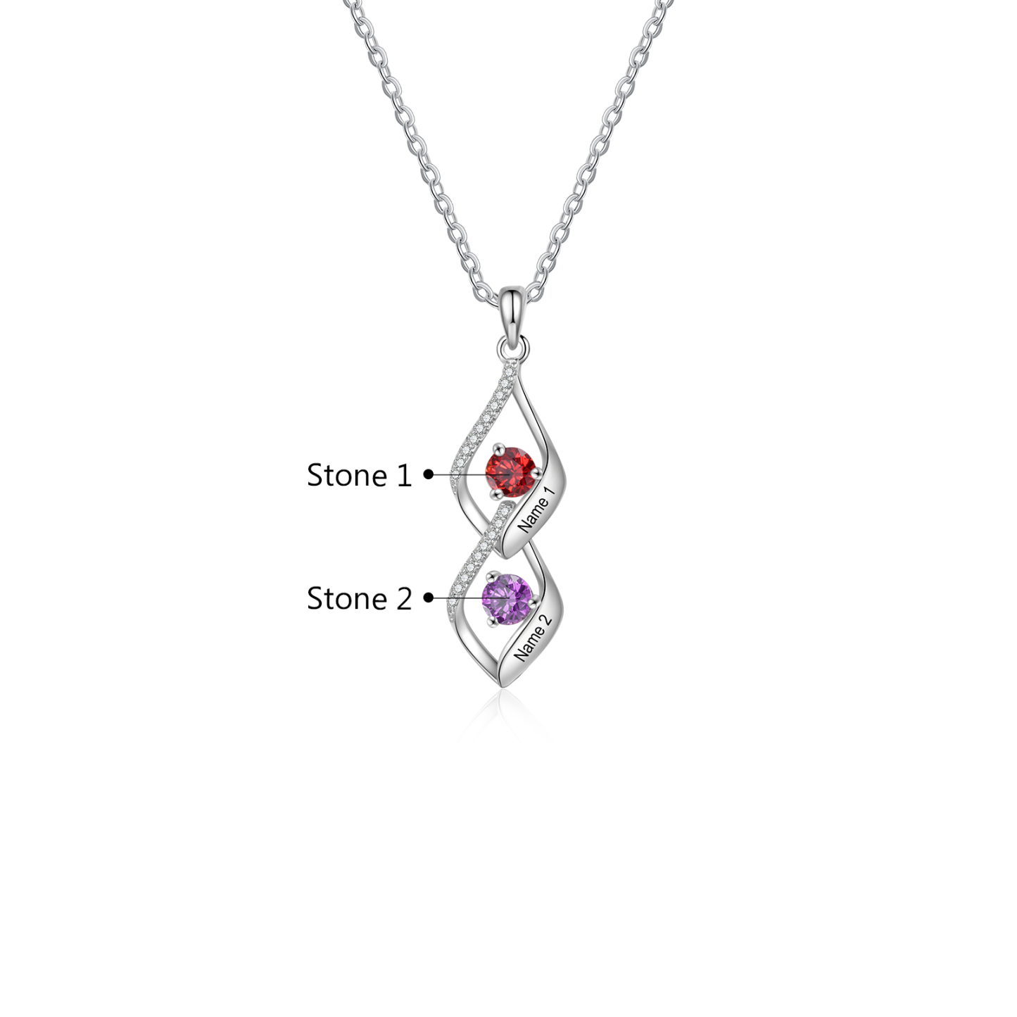 Collier Pendentif infini 2 Prénoms Personnalisés avec Pierre de naissance pour Femmes | Jessemade