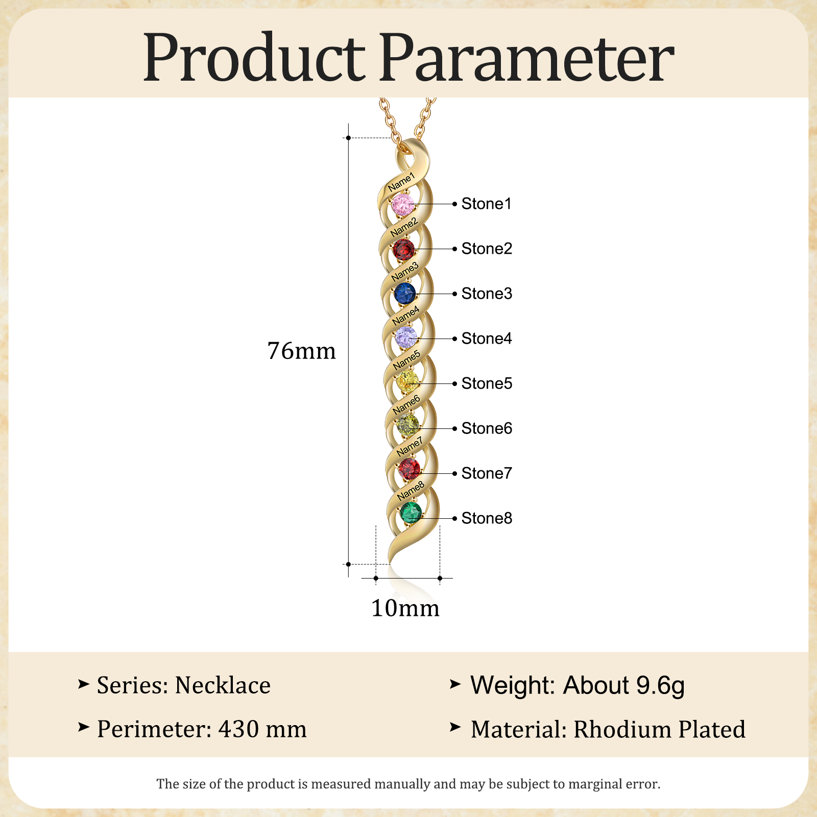 Collier Femme 8 Prénoms Personnalisés avec 8 Pierres de naissance