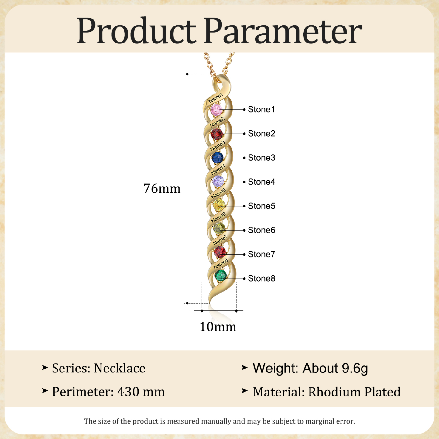 Collier Femme 8 Prénoms Personnalisés avec 8 Pierres de naissance